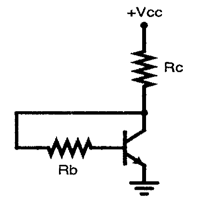 Transistor NPN com resistor Rc entre +Vcc e o coletor, resistor Rb entre o coletor e a base (realimentação) e emissor aterrado.