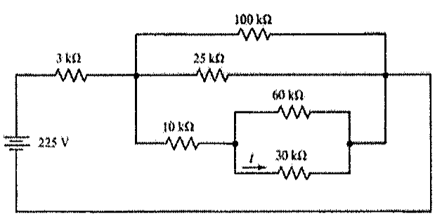 Circuito com fonte de 225 V e resistor de 3 kΩ em série alimentando três ramos em paralelo: um resistor de 100 kΩ, um resistor de 25 kΩ e um ramo com resistor de 10 kΩ em série com a associação em paralelo de 60 kΩ e 30 kΩ; a corrente I está indicada no resistor de 30 kΩ.