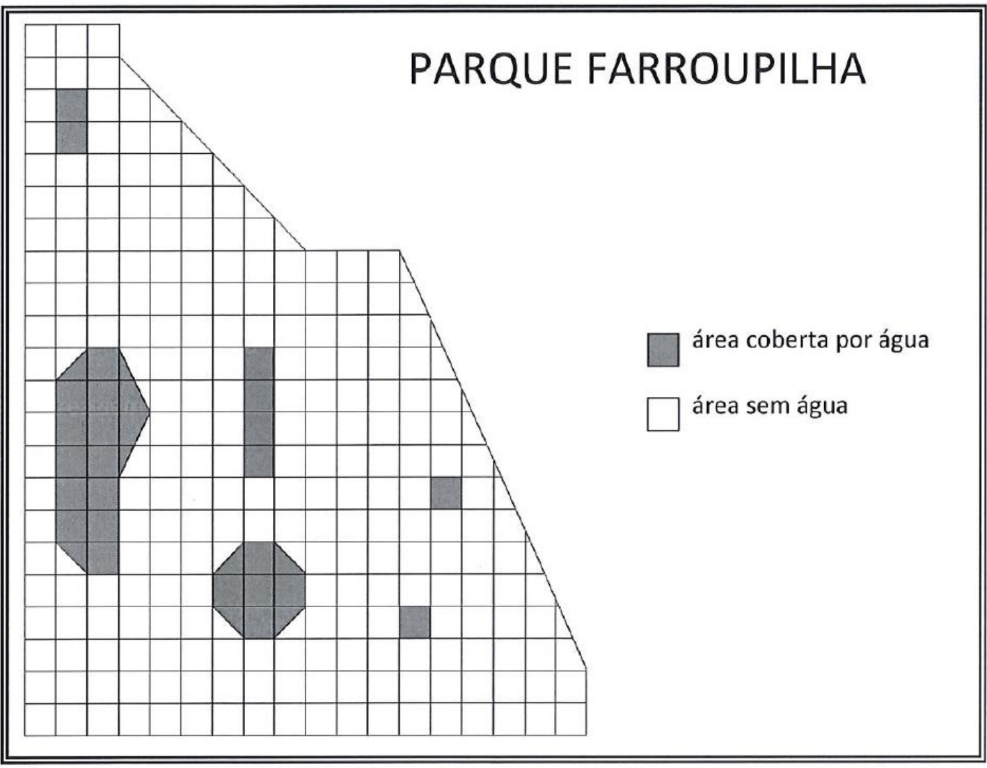 Malha quadriculada com o esboço do Parque Farroupilha, de contorno irregular com bordas diagonais à direita. Algumas regiões estão pintadas de cinza (área coberta por água) e as demais em branco (área sem água), conforme a legenda.