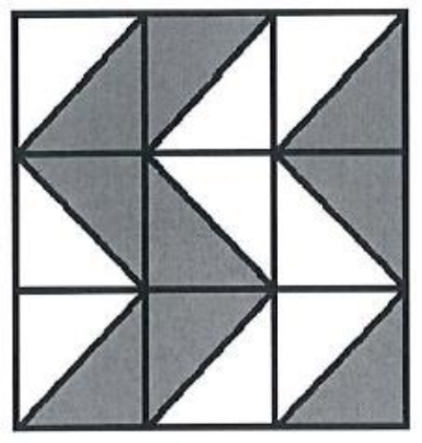 Quadrado formado por 3 × 3 lajotas quadradas; cada lajota é dividida por uma diagonal em dois triângulos, um pintado de cinza e outro branco, com orientações variadas.