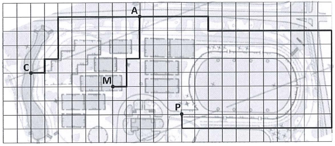 Malha quadriculada sobreposta a parte do mapa do Parque Marinha do Brasil, com trajetos em linhas pretas ao longo das linhas da malha, partindo dos pontos C, M e P e chegando ao ponto A.