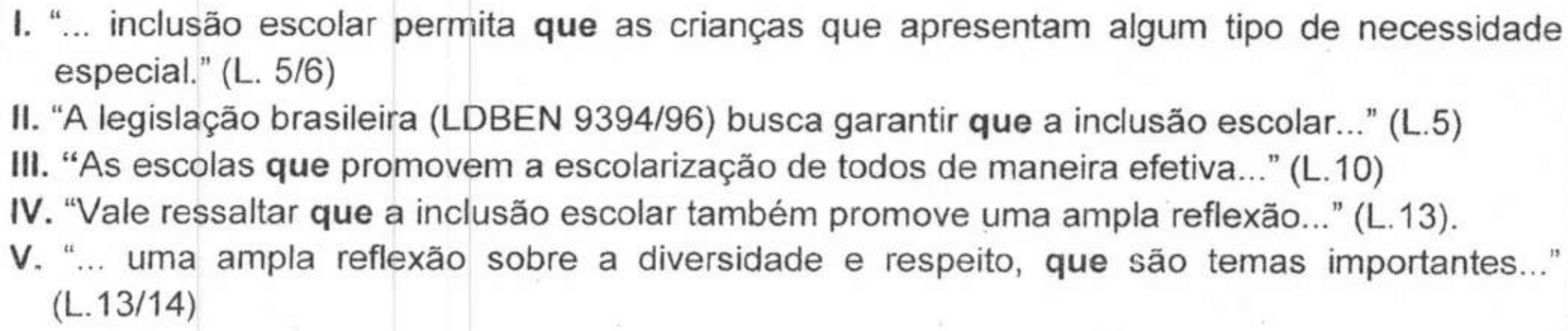 Enunciados I a V, com o vocábulo “que” em negrito: I. “... inclusão escolar permita QUE as crianças que apresentam algum tipo de necessidade especial.” (L. 5/6) — destacado apenas o primeiro “que”; II. “A legislação brasileira (LDBEN 9394/96) busca garantir QUE a inclusão escolar...” (L.5); III. “As escolas QUE promovem a escolarização de todos de maneira efetiva...” (L.10); IV. “Vale ressaltar QUE a inclusão escolar também promove uma ampla reflexão...” (L.13). V. “... uma ampla reflexão sobre a diversidade e respeito, QUE são temas importantes...” (L.13/14).