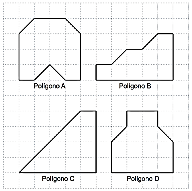 Malha quadriculada com quatro polígonos: Polígono A (forma de casa com cantos superiores chanfrados e um entalhe triangular na base), Polígono B (forma em degraus com segmentos inclinados), Polígono C (trapézio retângulo com lado inclinado à esquerda) e Polígono D (forma de garrafa, com gargalo retangular e ombros inclinados).