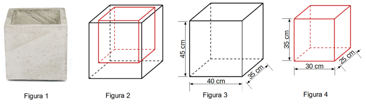 Figura 1: foto de um vaso de concreto em forma de paralelepípedo. Figura 2: paralelepípedo externo em preto com o paralelepípedo interno em vermelho. Figura 3: dimensões externas 40 cm, 35 cm e altura 45 cm. Figura 4: dimensões internas 30 cm, 25 cm e altura 35 cm.
