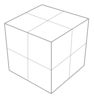 Cubo em perspectiva dividido em 8 cubos menores iguais (2 por 2 por 2), com linhas cinza indicando as divisões.