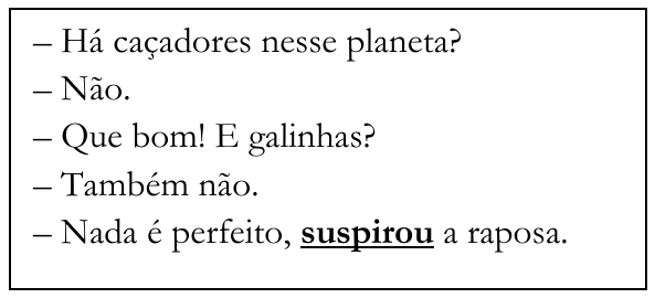 Quadro com o trecho: “– Há caçadores nesse planeta? / – Não. / – Que bom! E galinhas? / – Também não. / – Nada é perfeito, suspirou a raposa.”, com a palavra “suspirou” destacada em negrito e sublinhado.