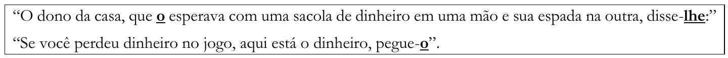 Quadro com os fragmentos: “O dono da casa, que o esperava com uma sacola de dinheiro em uma mão e sua espada na outra, disse-lhe:” e “Se você perdeu dinheiro no jogo, aqui está o dinheiro, pegue-o”. Estão destacadas em negrito e sublinhado, nesta ordem: “o” (em “que o esperava”), “lhe” (em “disse-lhe”) e “o” (em “pegue-o”).