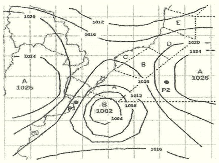 Carta de pressão ao nível médio do mar sobre parte da América do Sul e do Atlântico Sul, com isóbaras de 1002 a 1026 hPa. Alta de 1026 sobre o continente a oeste e outra alta de 1026 no oceano a leste. Baixa de 1002 no oceano, ao largo do sul do Brasil. Ponto P1 a noroeste da baixa, próximo à costa. Ponto P2 a leste, entre a baixa e a alta oceânica. Linhas tracejadas com as letras A a E na região oceânica.