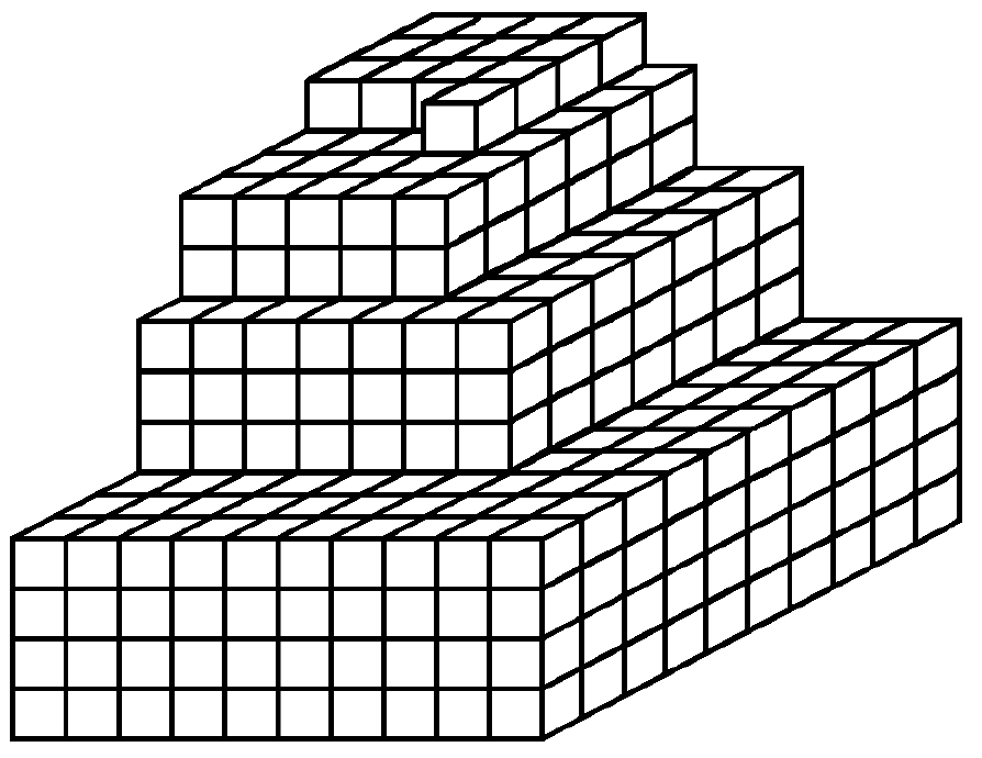 Desenho em perspectiva de uma pilha de cubos pequenos e iguais, organizada em camadas escalonadas que diminuem de tamanho em direção ao topo.
