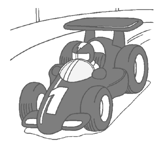 Ilustração de um carro de Fórmula 1 com o número 1, conduzido por um piloto de capacete, em uma pista.
