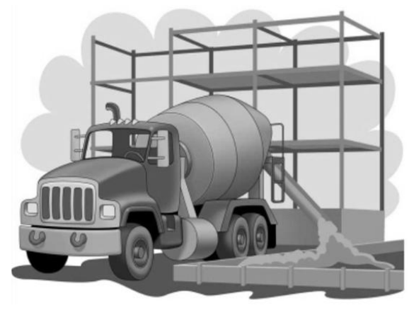 Ilustração de um caminhão betoneira despejando concreto em frente a uma estrutura de obra.