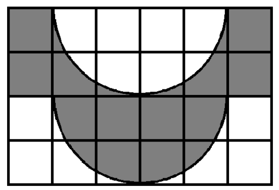 Malha retangular de 6 colunas por 4 linhas de quadrados iguais. Uma região cinza é limitada em cima por uma curva semicircular côncava, que desce a partir da borda superior, e embaixo por uma curva semicircular idêntica; as colunas laterais das duas linhas superiores também são cinza.