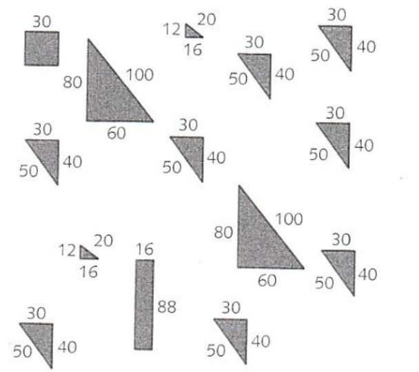 Conjunto de polígonos cinza recortados: um quadrado de lado 30; dois triângulos retângulos de lados 60, 80 e 100; dois triângulos pequenos de lados 12, 16 e 20; oito triângulos retângulos de lados 30, 40 e 50; e um retângulo de 16 por 88.
