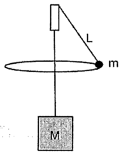 Tubo vertical fixo; acima dele, a corda de comprimento L vai até a esfera de massa m, que descreve circunferência horizontal; abaixo do tubo, a corda sustenta o bloco de massa M.