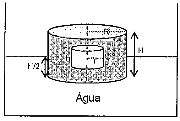 Cilindro de raio R e altura H flutuando em água com H/2 submerso; no interior, cavidade cilíndrica concêntrica de raio r e altura h.