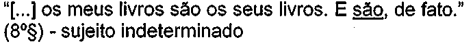 “[...] os meus livros são os seus livros. E são, de fato.” (8º§) - sujeito indeterminado. Palavra sublinhada: o segundo “são”.
