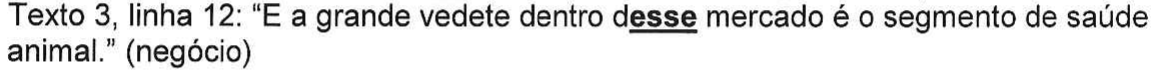 Texto 3, linha 12: “E a grande vedete dentro desse mercado é o segmento de saúde animal.” (negócio) — termo “esse (em “desse”)” sublinhado e em negrito.