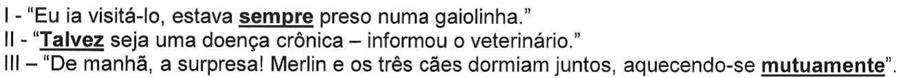 Três trechos numerados: I - “Eu ia visitá-lo, estava sempre preso numa gaiolinha.”, com “sempre” destacado; II - “Talvez seja uma doença crônica – informou o veterinário.”, com “Talvez” destacado; III – “De manhã, a surpresa! Merlin e os três cães dormiam juntos, aquecendo-se mutuamente”., com “mutuamente” destacado (negrito e sublinhado).