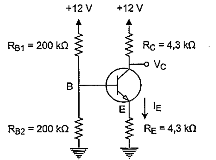 Transistor NPN com divisor de tensão na base (RB1 = 200 kΩ para +12 V e RB2 = 200 kΩ para o terra), RC = 4,3 kΩ ligado a +12 V com saída VC no coletor e RE = 4,3 kΩ no emissor com corrente IE indicada.