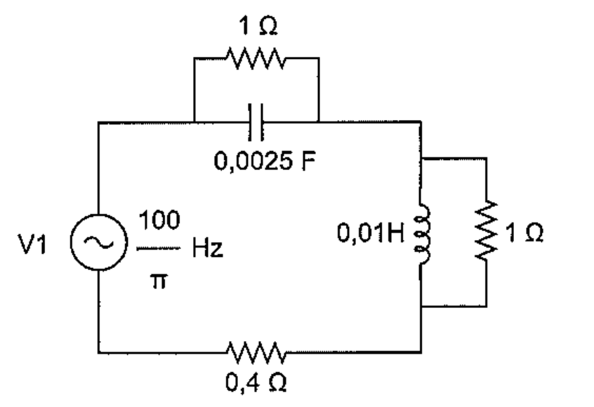 Fonte V1 de 100/π Hz em série com: paralelo de resistor de 1 Ω e capacitor de 0,0025 F; paralelo de indutor de 0,01 H e resistor de 1 Ω; e resistor de 0,4 Ω.