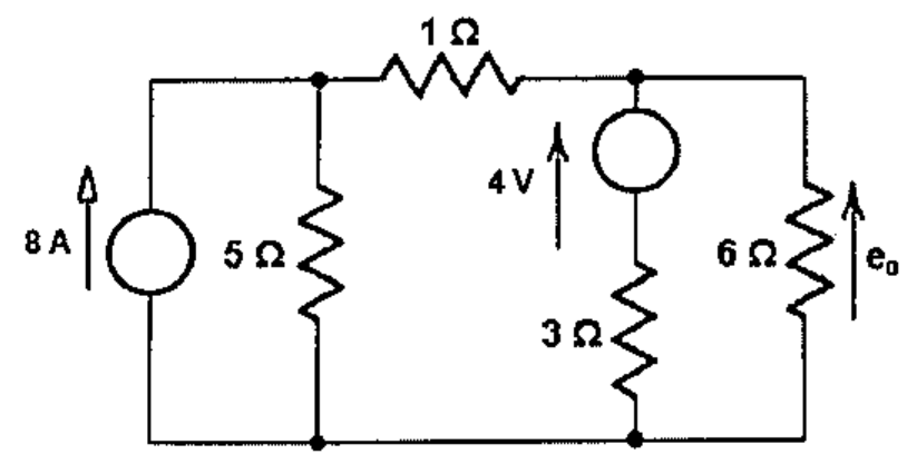 Circuito com fonte de corrente de 8 A em paralelo com resistor de 5 Ω, resistor série de 1 Ω, ramo com fonte de 4 V em série com resistor de 3 Ω e carga de 6 Ω com tensão e0 indicada.