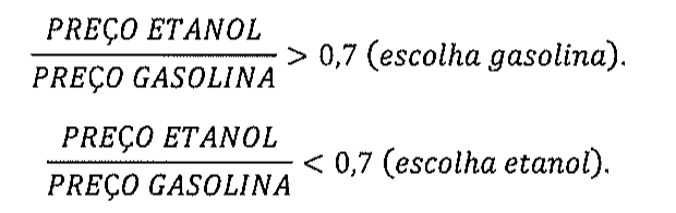 Regras: preço do etanol dividido pelo preço da gasolina maior que 0,7 (escolha gasolina); preço do etanol dividido pelo preço da gasolina menor que 0,7 (escolha etanol).