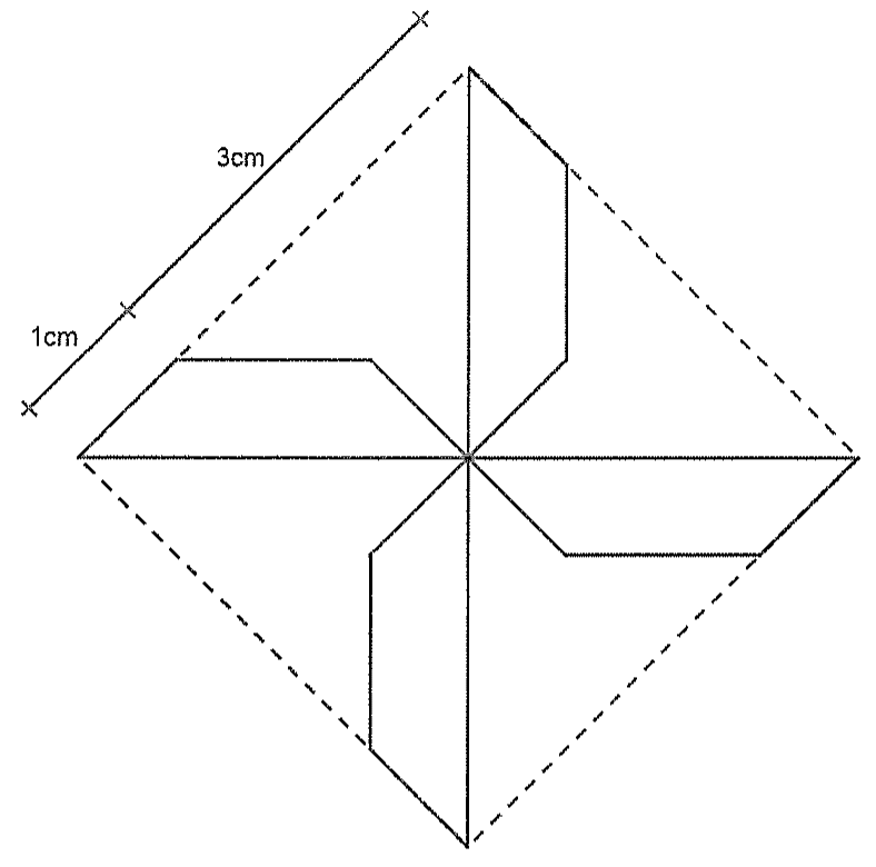 Quadrado de lado tracejado apoiado sobre um vértice, dividido por diagonais, com quatro trapézios iguais formando um cata-vento; um lado é medido em dois trechos, de 3cm e 1cm.