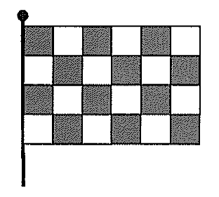 Bandeira quadriculada presa a um mastro, formada por 4 fileiras de 6 quadrados, alternando quadrados escuros e claros.
