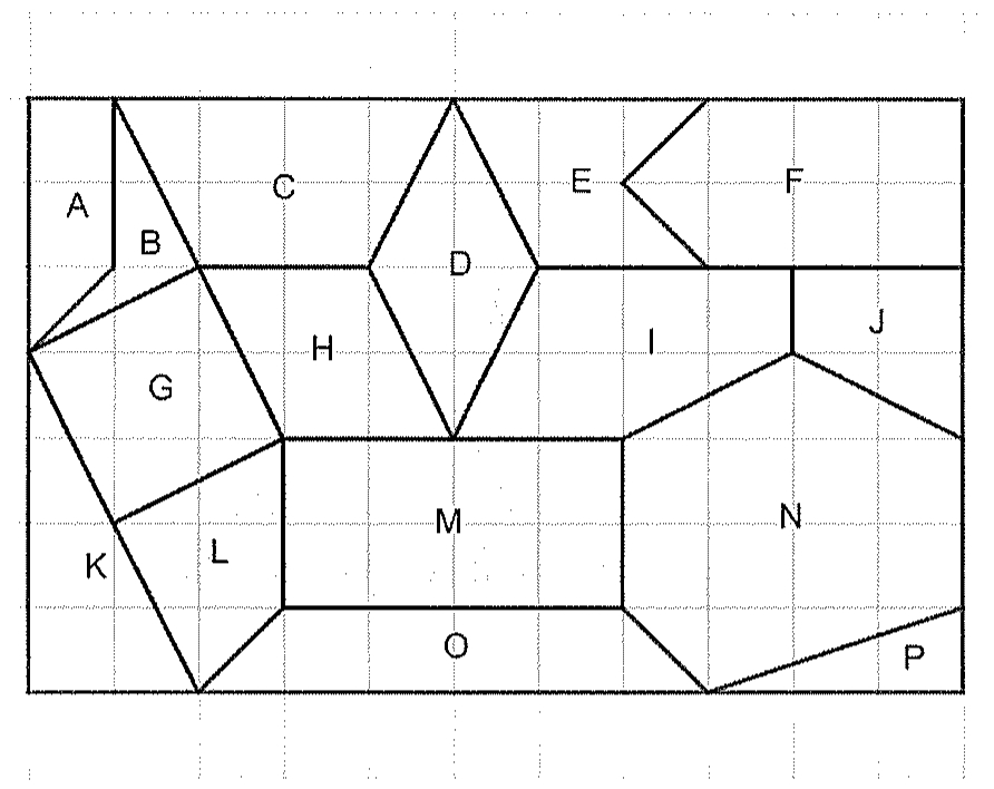 Painel retangular sobre malha quadriculada, dividido em polígonos identificados pelas letras A, B, C, D, E, F, G, H, I, J, K, L, M, N, O e P.