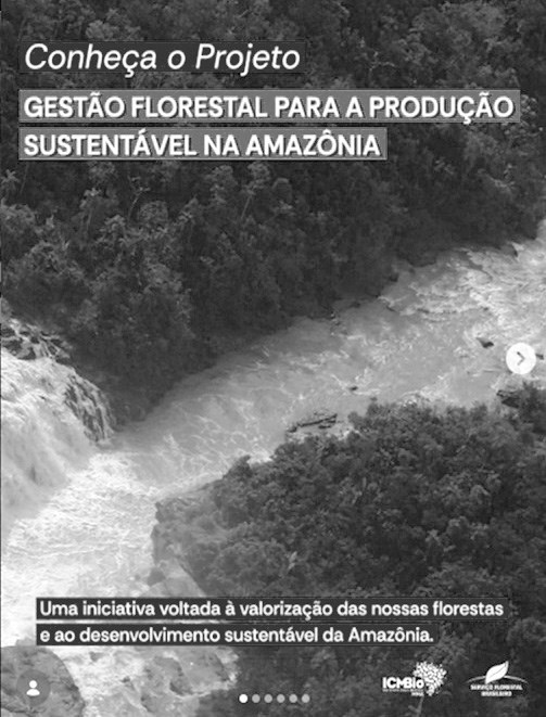 Postagem do Instagram: fotografia aérea em tons de cinza de um rio com corredeiras e cachoeira entre a floresta. No alto, os textos “Conheça o Projeto” e “GESTÃO FLORESTAL PARA A PRODUÇÃO SUSTENTÁVEL NA AMAZÔNIA”; na parte inferior, “Uma iniciativa voltada à valorização das nossas florestas e ao desenvolvimento sustentável da Amazônia.”, seguido dos logotipos do ICMBio e do Serviço Florestal Brasileiro.