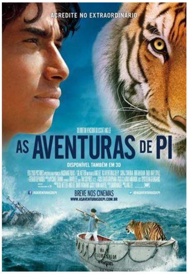 Cartaz do filme “As Aventuras de Pi”: rosto de um jovem de perfil ao lado do rosto de um tigre; no alto, “Acredite no extraordinário”; abaixo, o título e a imagem de um bote no mar agitado com o jovem segurando um remo e um tigre a bordo.