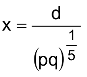 x igual a d dividido por (pq) elevado a um quinto.