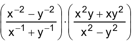 ((x elevado a −2 menos y elevado a −2) dividido por (x elevado a −1 mais y elevado a −1)) multiplicado por ((x² y + x y²) dividido por (x² − y²)).