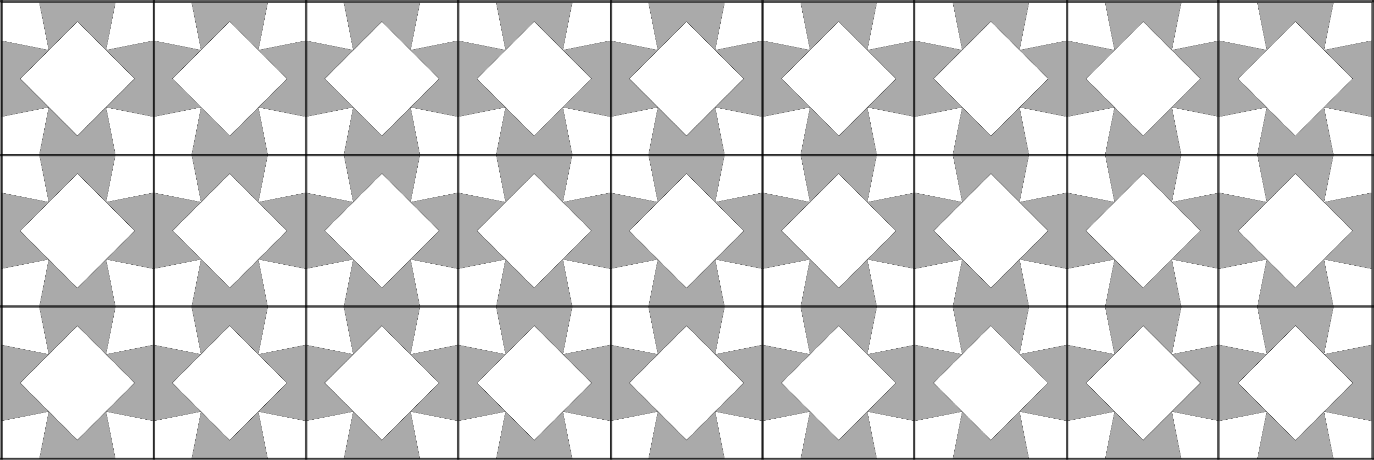 Parede revestida com três fileiras de nove azulejos quadrados iguais; cada azulejo tem um losango branco central e regiões cinza nos cantos, formando um padrão repetido.