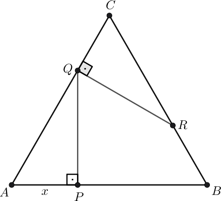 Triângulo equilátero ABC com base AB horizontal. O ponto P está sobre AB, a uma distância x de A; o segmento PQ é perpendicular a AB, com Q sobre AC; o segmento QR é perpendicular a AC, com R sobre BC. Ângulos retos marcados em P e em Q.