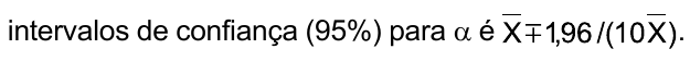 intervalos de confiança (95%) para α é X barra ∓ 1,96/(10 X barra).