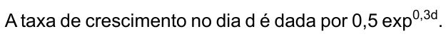 A taxa de crescimento no dia d é dada por 0,5 exp elevado a 0,3d.