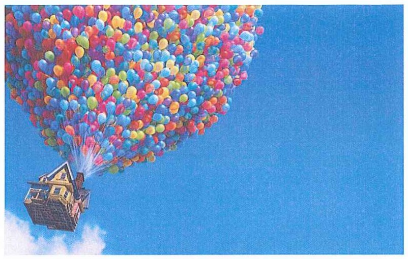 Casa suspensa no céu azul por milhares de balões coloridos, cena do filme Up – Altas Aventuras.