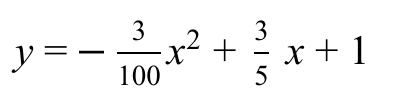 Equação: y igual a menos 3 centésimos de x ao quadrado, mais 3 quintos de x, mais 1.