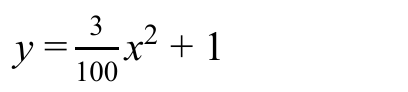 Equação: y igual a 3 centésimos de x ao quadrado, mais 1.