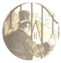 Ilustração circular em tons sépia: homem de cartola, de costas, diante de uma janela.
