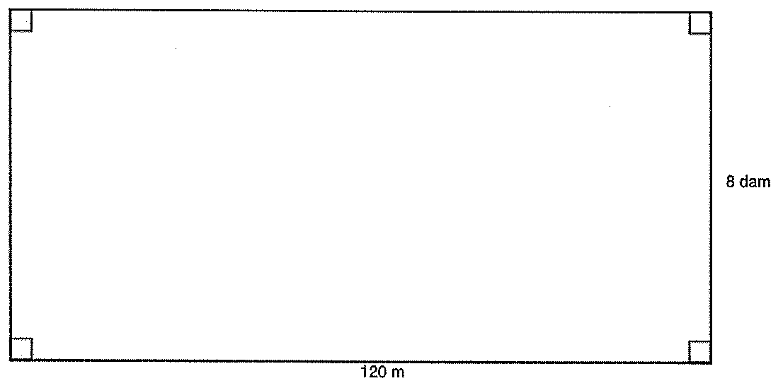 Retângulo com quatro ângulos retos marcados; o lado inferior mede 120 m e o lado direito mede 8 dam.