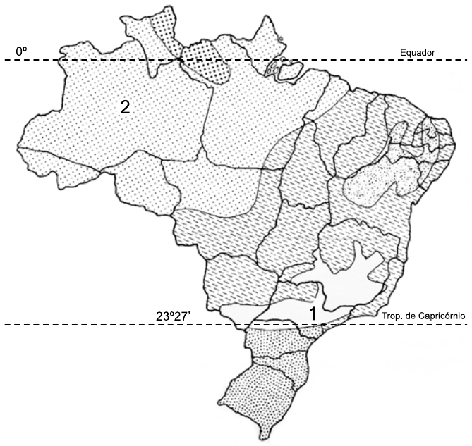 Mapa do Brasil com regiões climáticas diferenciadas por hachuras e pontilhados, linha tracejada do Equador (0º) ao norte e do Trópico de Capricórnio (23º27’) ao sul. O número 2 está na porção oeste da Amazônia e o número 1 numa área do Sudeste próxima ao Trópico de Capricórnio.