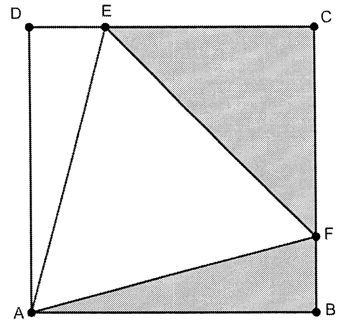 Quadrado ABCD (D e C em cima, A e B embaixo) com o triângulo AEF, sendo E sobre o lado DC e F sobre o lado CB. Os triângulos ABF e ECF estão sombreados.