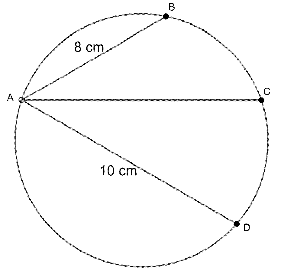 Circunferência com os pontos A, B, C e D. A partir de A saem as cordas AB, de 8 cm, AC, horizontal, e AD, de 10 cm; C fica no arco entre B e D.