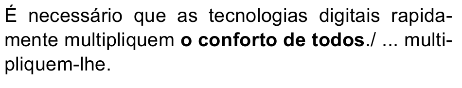 É necessário que as tecnologias digitais rapidamente multipliquem o conforto de todos./ ... multipliquem-lhe. — termo destacado em negrito: “o conforto de todos”.