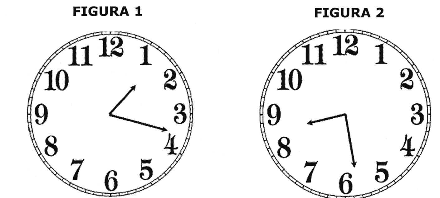 Dois relógios analógicos. FIGURA 1: ponteiro das horas entre o 1 e o 2 e ponteiro dos minutos sobre o 4. FIGURA 2: ponteiro das horas próximo ao 9 e ponteiro dos minutos próximo ao 6.