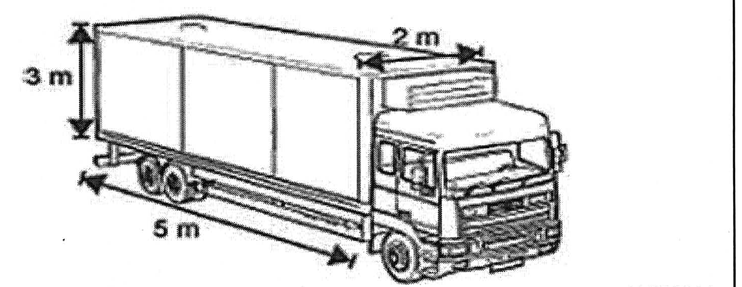 Desenho de um caminhão com carroceria em forma de paralelepípedo, com as medidas indicadas: altura 3 m, largura 2 m e comprimento 5 m.