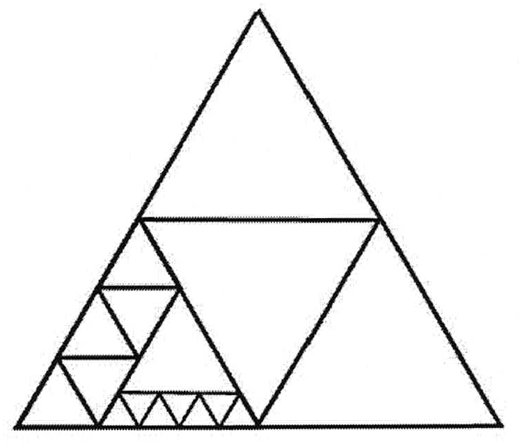 Triângulo equilátero grande subdividido em triângulos equiláteros menores de vários tamanhos, com subdivisões sucessivas em direção ao canto inferior esquerdo.