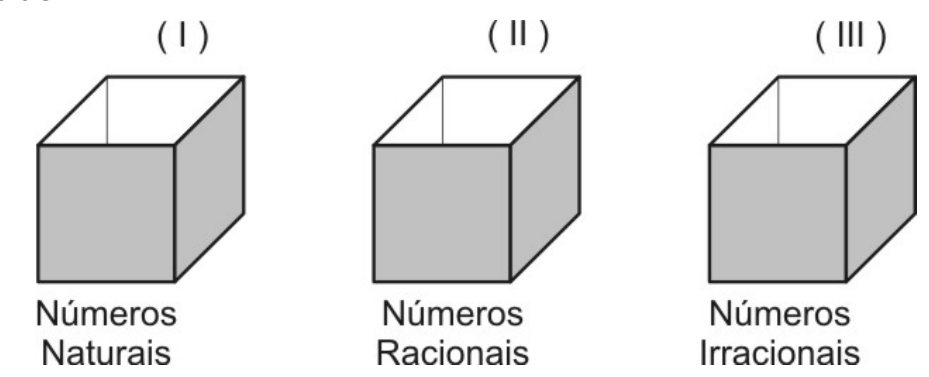 Três caixas abertas desenhadas em perspectiva: caixa (I) com o rótulo Números Naturais, caixa (II) com o rótulo Números Racionais e caixa (III) com o rótulo Números Irracionais.